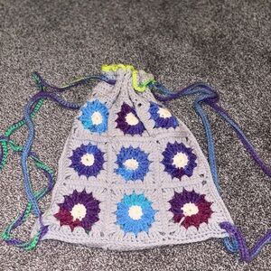 Crochet Drawstring Bag with Floral Pattern